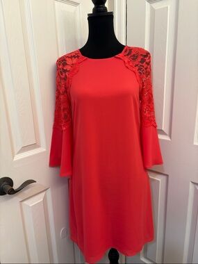 Belle Badgley Mischka pink/red Lace Sleeve Shift Dress